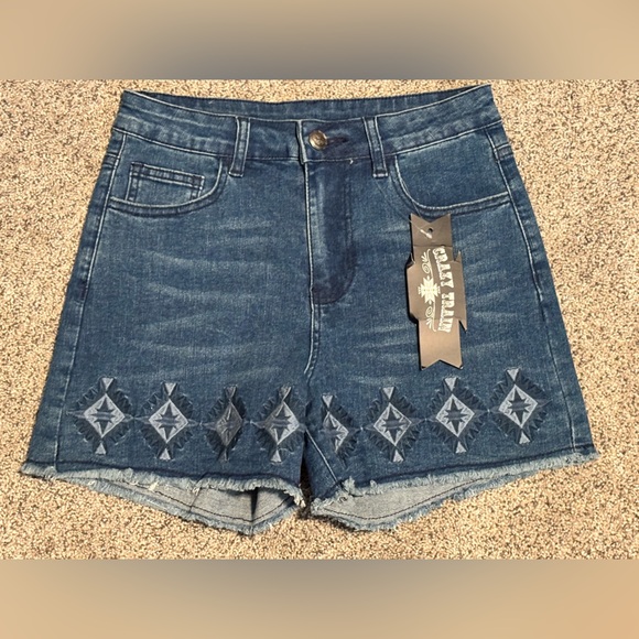 Crazy Train Dark Blue Jean Shorts with Tribal Pattern - Picture 1 of 4